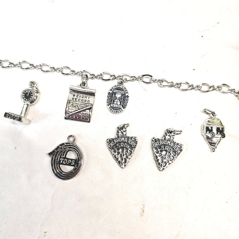 Vintage TOPS Charm Bracelet Silver Tone 7 Charms Weight Loss Awards 7"